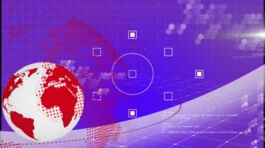 Dünya üzerinde beyaz şekillerin canlandırılması ve mor arka planda veri işleme. Küresel teknoloji, bilgisayar ve dijital arayüz kavramı dijital olarak oluşturulmuş video.