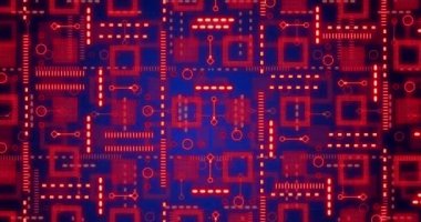 Donanma arka planında neon entegre devre animasyonu. Elektronik, sinyal, veri işleme ve teknoloji konsepti dijital olarak oluşturulmuş video.