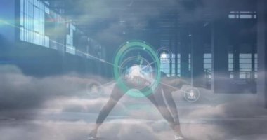 Animation of network of connections over african american man exercising and clouds. Sport, fitness and technology concept digitally generated video.