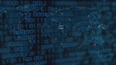 Dünya haritası üzerinde ikili kod animasyonu ve siyah arkaplanda simgeler. Küresel ağ, bilgisayarlar, veri işleme ve teknoloji konsepti dijital olarak oluşturulmuş video.