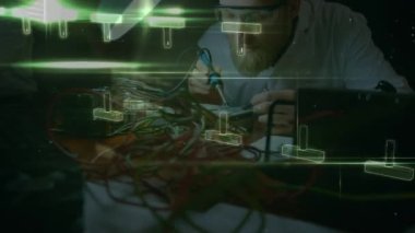 Animation of data processing over caucasian male engineer constructing robot. Science, robotics, mechanics and technology concept digitally generated video.