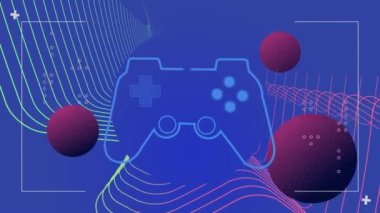 Mavi dijital ekranda oyun pedi ve mor kürelerin animasyonu. Oyun ve teknoloji konsepti dijital olarak oluşturulmuş video.