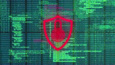 Siyah arka planda veri işleme ve asma kilit animasyonu. küresel iş ve dijital arayüz kavramı dijital olarak oluşturulmuş video.