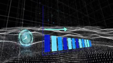 Dalgalı dijital uzayda grafiklerin ve saatin animasyonu. Küresel finans, ekonomi ve teknoloji kavramı dijital olarak üretilen video.