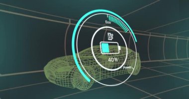 Animation of speedometer and power level over car project on black background. Green energy, electric cars, design and technology concept digitally generated video.