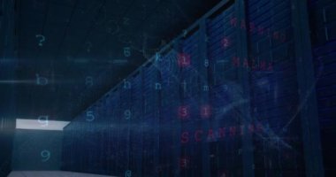 Sunucu odasında veri işleme animasyonu. küresel bağlantılar, veri işleme ve dijital arayüz konsepti dijital olarak oluşturulmuş video.