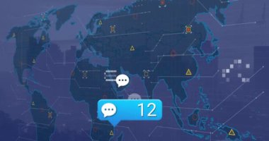 Sosyal medya tepkilerinin animasyonu, dünya haritası ve şehir manzarası üzerindeki ikonlar. Sosyal medya, veri işleme, ağ ve teknoloji konsepti dijital olarak oluşturulmuş video.