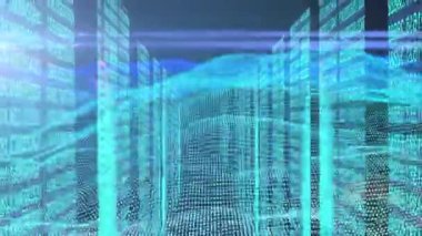 Veri animasyonu, ışıklar, metaçağ manzarası ve dijital alan. Ağ, veri işleme, bilgisayarlar ve teknoloji konsepti dijital olarak oluşturulmuş video.