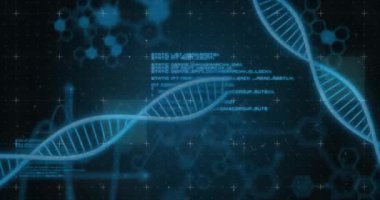 Karanlık arka planda tıbbi veri işleme animasyonu. Küresel tıp, teknoloji, veri işleme ve dijital arayüz kavramı dijital olarak oluşturulmuş video.