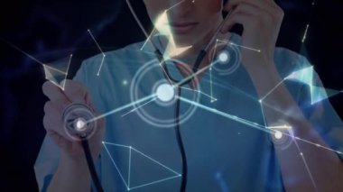 Animation of network of connections and globe over caucasian female doctor. Global medicine, connections and digital interface concept digitally generated video.