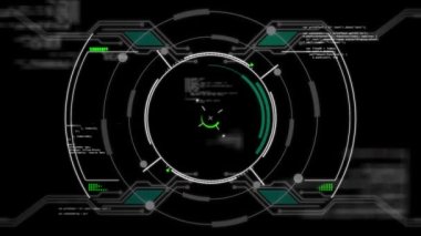 Siyah arka planda görüntü bulucu ve veri işleme animasyonu. Veri işleme ve teknoloji konsepti dijital olarak oluşturulmuş video.