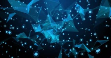 Siyah arkaplandaki noktaların üzerindeki şekillerin animasyonu. Ağ, bağlantılar ve dijital olarak oluşturulan bilim konsepti.