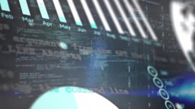 Finansal grafiklerin siyah arkaplandaki veri işleme üzerindeki animasyonu. Küresel ağ, bilgisayarlar, veri işleme ve teknoloji konsepti dijital olarak oluşturulmuş video.