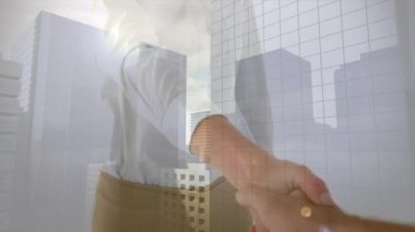 Animation of caucasian businesswoman shaking hands with colleague and modern building in summer. Three dimensional, digital composite, multiple exposure, building, happy, business, agreement, office.