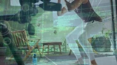 Animation of network of connections over biracial man exercising. Sport, fitness, active lifestyle and technology concept digitally generated video.