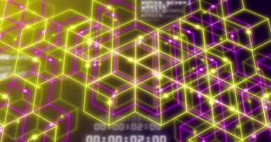 Sarı ve mor arkaplanda neon entegre devre animasyonu. Elektronik, sinyal, veri işleme ve teknoloji konsepti dijital olarak oluşturulmuş video.