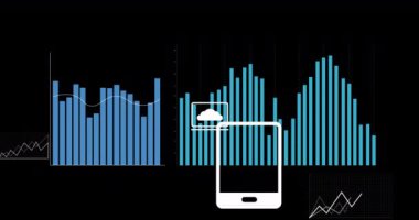 Animation of diverse graphs and financial data on black background. Global finance, money and economy concept digitally generated video.