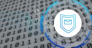 Animation of data processing with shield icon over blue background. Global technology and digital interface concept digitally generated video