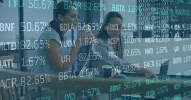 Animation of stock market over diverse business people. Global business, computing and digital interface concept digitally generated video.