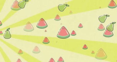 Sarı çizgili arka planda düşen meyvelerin canlandırması. Gıda, meyve, sebze ve dünya vegan günü konsepti dijital olarak üretilen video.