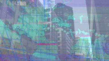 Şehir manzarası üzerinde veri işleme animasyonu. küresel iş ve dijital arayüz kavramı dijital olarak oluşturulmuş video.