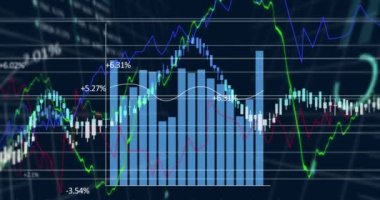 Animation of diverse graphs and financial data on navy background. Global finance, money and economy concept digitally generated video.