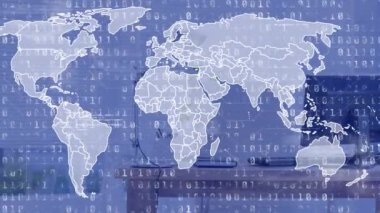 Animation of data processing with world map over desk with computer. Global technology, computing and digital interface concept digitally generated video.