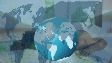 Animation of globe, icons and world map over biracial woman lying in bed. Global network and data processing concept digitally generated video.