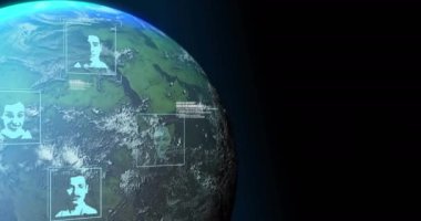 Siyah arkaplanda kullanıcı fotoğrafları, veriler ve dünya animasyonu. Küresel ağ, veri, iletişim ve teknoloji konsepti dijital olarak oluşturulmuş video.