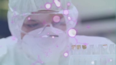 Animation of molecules over caucasian female lab worker with samples. Science, chemistry and medicine concept digitally generated video.