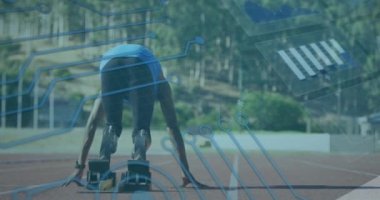 Animation of digital data over african american disabled man training with running blade. Sport, disability, durability and technology concept digitally generated video.