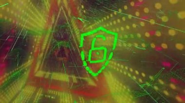 Dijital asma kilit animasyonu ve neon ışıklı tüneldeki çizgiler. Küresel ağ, bilgisayarlar, veri işleme ve teknoloji konsepti dijital olarak oluşturulmuş video.