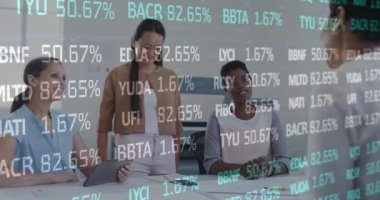 Animation of financial data and graphs over diverse female coworkers in office. Business, finance, economy, cooperation and communication concept digitally generated video.
