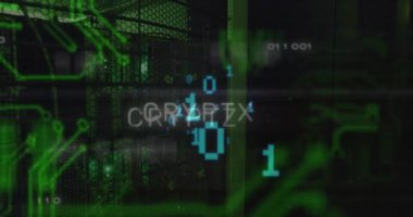 Sunucu odasında şifreli metin ve veri işleme animasyonu. Küresel iş ve dijital arayüz kavramı dijital olarak oluşturulmuş video.