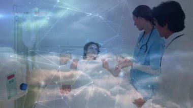 Animation of network of connections over diverse doctors with patient. Health, medicine, connections and technology concept digitally generated video.