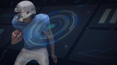 Animation of data processing over american football player. Global sports, digital interface and data processing concept digitally generated video.