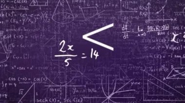 Animation of math formulas on violet background. Math, science, education and learning concept digitally generated video.