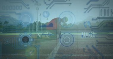 Animation of digital data over african american disabled man training with running blade. Sport, active lifestyle disability and technology concept digitally generated video.