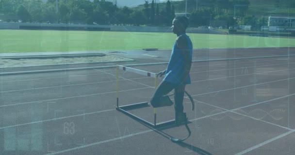 Interface Data Processing African American Male Athlete Prosthetic Leg Stretching — Wideo stockowe