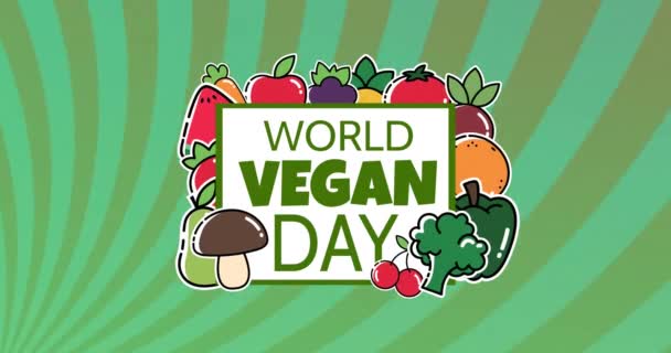 Animation World Vegan Day Globe Green Striped Background Food Fruits — Vídeo de stock