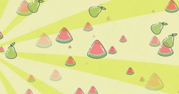 Animation Fruits Falling Yellow Striped Background Food Fruits Vegetable World — Stockvideo