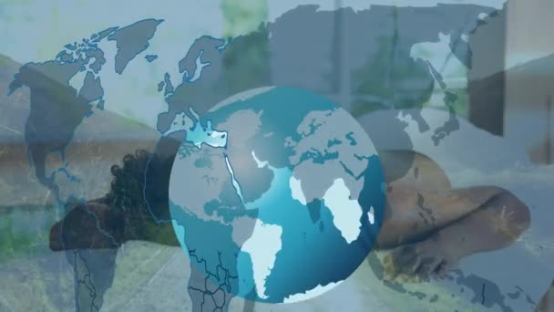 Animation Globe Icons World Map Biracial Woman Lying Bed Global — 비디오