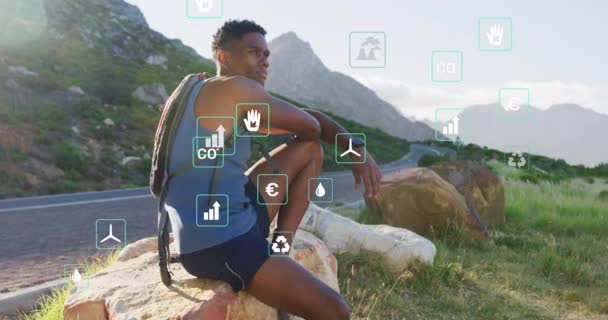 Animation Eco Icons African American Male Hiker Looking Landscape Nature — Stockvideo