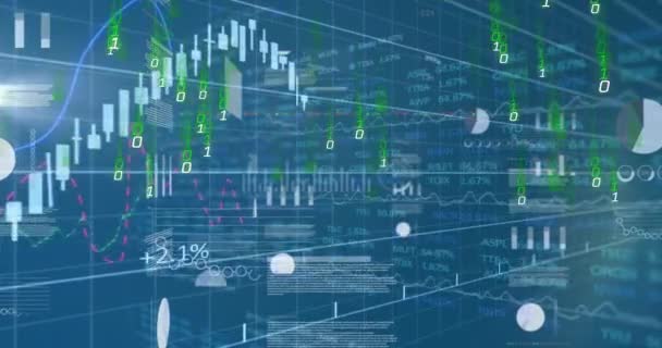 Animation Graphs Data Binary Code Blue Background Finance Economy Technology — Vídeo de Stock