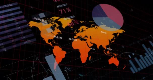 Animation Graphs Data World Map Black Digital Screen Global Data — Stockvideo