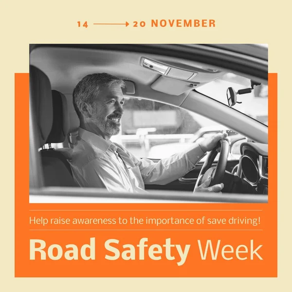 Composition of road safety week text over caucasian man in car. Road safety week and celebration concept digitally generated image.