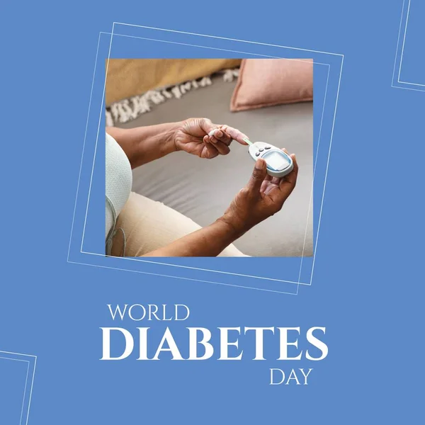 Composition World Diabetes Day African American Woman Using Glucometer Grey — Stok fotoğraf