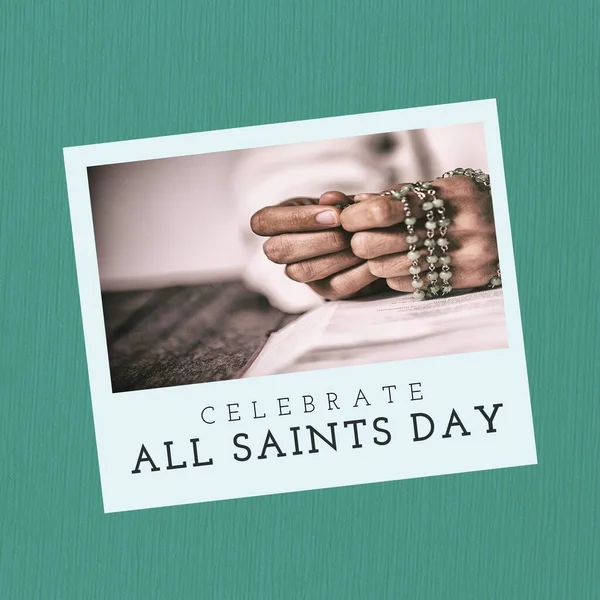 Composition Celebrate All Saints Day Text Hands Holding Rosary Green — Stock Photo, Image