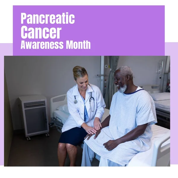 Composition of pancreatic cancer awareness month text with diverse doctor and patient. Pancreatic cancer awareness month and celebration concept digitally generated image.