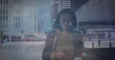 Animation of network of connections over biracial woman with smartphone and coffee and clouds. Business, network, connections and technology concept digitally generated video.